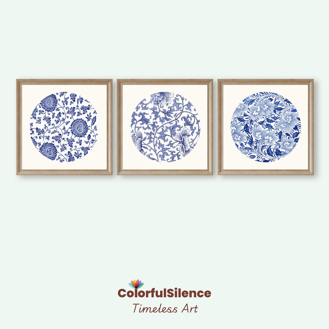 Blue Chinoiserie Floral Prints Set of 3: Botanical Artwork (printable ...