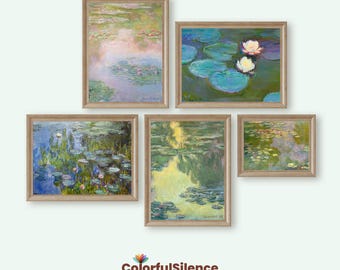 May include: Five framed prints of water lily paintings by Claude Monet. The prints are in a variety of shades of blue, green, and yellow. The prints are all framed in a light wood frame.