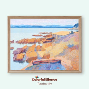 Seascape Print, Vintage Coastal Painting, French Riviera Landscape Artwork, Mediterranean Landscape Art, Ocean Wall Art