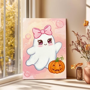 Cute Ghost Painting, Halloween Printable Art, Pink Halloween Decor, Ghost and Pumpkin Artwork, Pink Coquette Bow, Happy Jack-O&#39;-Lantern Art