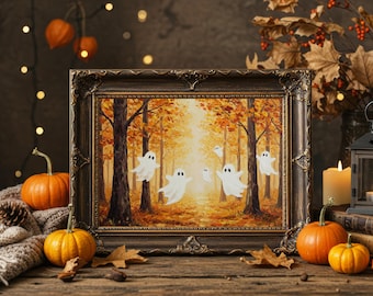 Cute Ghosts Painting, Spooky Halloween Decor, Ghosts 3D Relief Painting, Autumn Forest Artwork, Halloween Printable Art, Fall Season Artwork