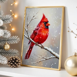 Red Cardinal Painting, Snowy Cardinal Printable Art, Christmas Decor, Xmas Art Print, Holiday Bird Art, Bird Lover Gift, Winter Artwork