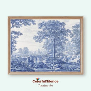 Blue Chinoiserie Wall Art, Blue and White Printable Art, Vintage Italianate Landscape Artwork, French Country Decor, Classic Wall Decor