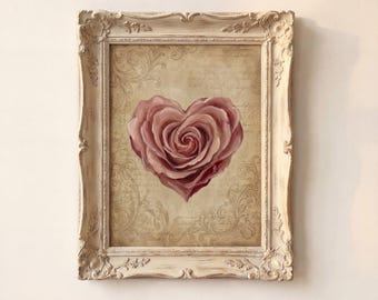 Valentine Wall Art, Pink Rose Heart Print, Vintage Valentine Decor, Heart Rose Painting, Victorian Printable Artwork (Digital Download)