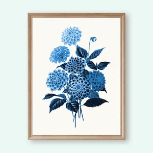 Dahlia Flower Print, Blue Dahlia Bouquet Art,  Vintage Flower Artwork, Dahlia Illustration, Botanical Flower Print, Blue Floral Wall Art