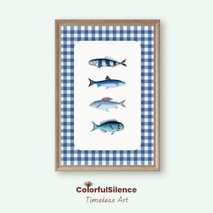 Fish Wall Art, Blue Gingham Print, Vintage Fish Print, Coastal Kitchen Decor, Retro Lake House Artwork, Fish Lover Gift, Cottagecore Decor