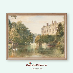 Medieval Castle Wall Art, Vintage English Castle Print, Warwick Castle Printable Art, British Countryside Art, River Landscape Artwork