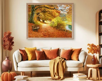 Vintage Autumn Forest Painting: Fall Landscape Art Print (Digital Download)
