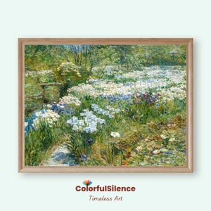 May include: A painting depicting a verdant garden with a small stream flowing through it. The garden is abundant with white and blue flowers, and a small wooden bridge crosses the stream.