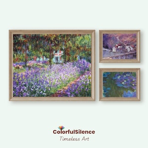 Monet Paintings Set of 3, Claude Monet Printable Art, Monet Water Lilies, Impressionist Art, Irises, Giverny Garden, Vintage Purple Painting
