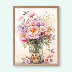 May include: A watercolour painting of a bouquet of pink peonies and purple flowers in a clear glass jar with two hummingbirds flying above the flowers.