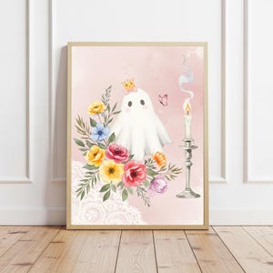 Cute Ghost Princess Art, Pink Halloween Decor, Coquette Ghost Printable Art, Watercolor Floral Halloween Print, Spooky Halloween Artwork