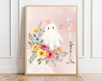 Söt spöktryck, rosa Halloweendekor, kokett spökprinsessakonst, utskrivbar kuslig Halloween-konst (digital nedladdning)