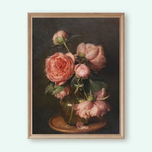 Vintage Peony Painting, Dark Floral Wall Art, Moody Peony Art Print, Pink Peonies in Vase, Still Life Peony Painting, Peony Bouquet Artwork