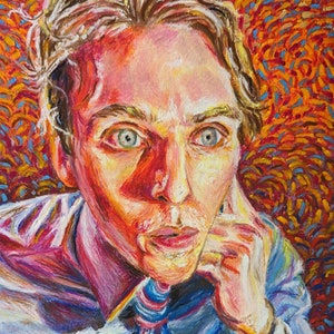 May include: Oil painting portrait of a person with light skin, blue eyes, and a mustache. The person is wearing a blue and white striped tie and a white collared shirt. The background is a vibrant mix of orange, red, and blue brushstrokes.
