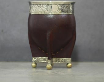 Imperial Leather Mate Gourd With Nickel Silver And Bronze Supports. Argentinian, Handcrafted, Gift, Yerba Mate, Tea and Infusions.