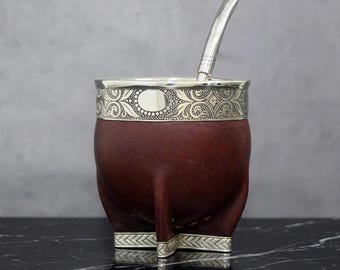 Kaiserliche Leder-Mate-Kalebasse mit Neusilberverstärkung. Argentinisches Geschenk, Yerba Mate, Regionalprodukt, Handgefertigt.