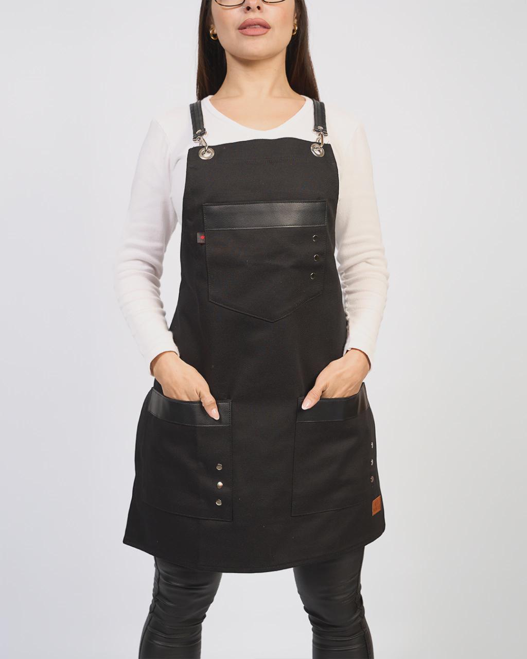 Black Denim and Leather Apron, Chef BBQ Grill Apron, Tattoo Artist Barber Bartender Work Apron, Heavy Duty Shop Apron, Gift for Him.