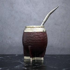 Torpedo Crocodile Leather Mate Gourd With Chiseled Nickel Silver And Bronze Ring. Argentinian, Handcrafted, Gift, Yerba Mate.