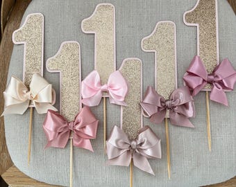 Bow 1st Birthday Cake Topper: Glitter Number One, Satin Ribbon