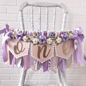 Banner de trona con lazo para primer cumpleaños, banner de una niña, guirnalda de cintas boho para primer cumpleaños, banner floral, banner de lavanda, banner de cumpleaños