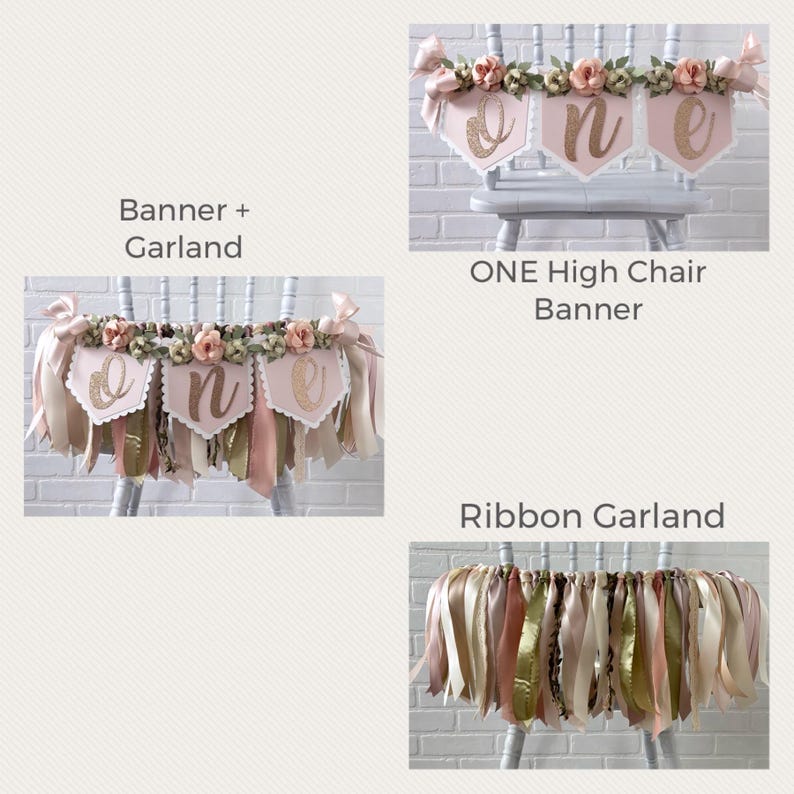 K&ouml;nnte beinhalten: Ein dekoratives Set bestehend aus einem Hochstuhl-Banner mit drei hellrosa Wimpeln, die das Wort ONE in Goldglitter zeigen, verziert mit Kunstblumen, sowie einer Bandgirlande aus verschiedenen rosa, goldenen und cremefarbenen B&auml;ndern.