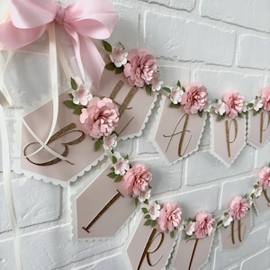 Schleife rosa Rosen alles Gute zum Geburtstagbanner, 1. Geburtstagsbanner, Blumengeburtstagsbanner, Baby-Girl-Banner, Blumenbanner, Geburtstagsbanner