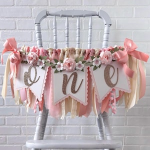 Boho Floral 1st Birthday High Chair Banner: Peach Ribbon Garland