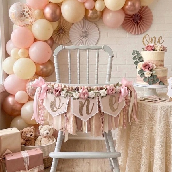 Boho Wildflower First Birthday Banner, Coquette Pink Ribbon Garland, Girl Party Decor