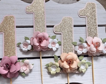 1st Birthday Floral Cake Topper, Blush Roses ONE Banner, Paper Flowers, 1st Birthday Floral Decor, Baby Girl Birthday Decor