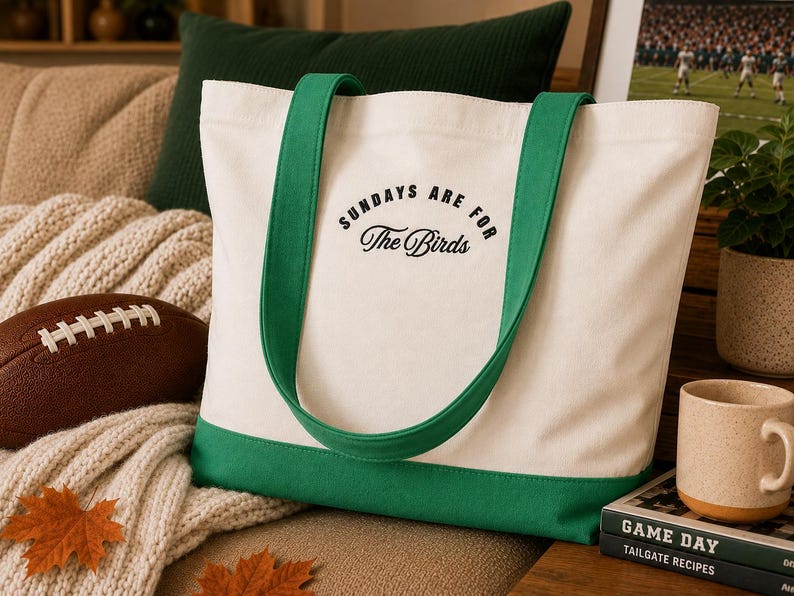 May include: A cream-colored canvas tote bag with green straps and a green bottom panel. The front of the bag features the black text "SUNDAYS ARE FOR The Birds" printed in a combination of sans-serif and script fonts centered on the upper portion.