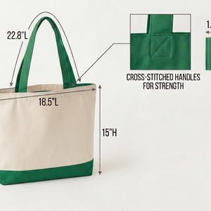May include: A cream and green canvas tote bag with green handles. Dimensions are 18.5 inches long, 15 inches high, and 4.72 inches wide. The handles are 22.8 inches long and 1.4 inches wide, featuring cross-stitched handles for strength.
