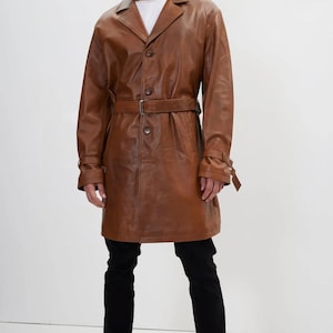Trench-coat en cuir pour homme fait main - Cuir véritable - Manteau long noir, rouge et marron - Manteau d'hiver en cuir noir souple - Cadeau pour lui