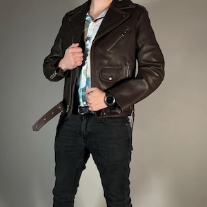 Men&#39;s Brown Genuine Leather Biker Jacket – Handmade Classic Moto Style with Belt, Custom Sizes, Stylish & Durable, Perfect Gift for Him