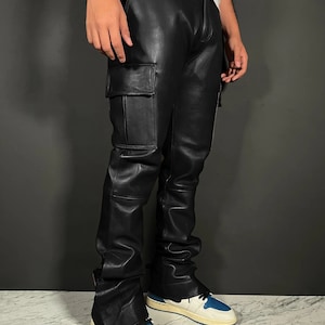 Echte schapenleren cargobroek heren zwarte utility leren broek VERVANGING