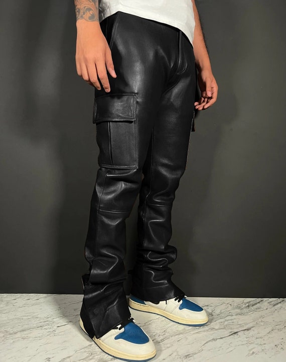 Men's Genuine Sheep Leather Cargo Pants Black Utility