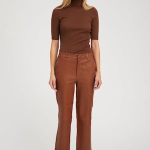 High Waist Cropped Brown Leather Pants for Women – Real Sheepskin Leather Trousers – Vintage Style Straight Leg – Ethical Handmade Gift