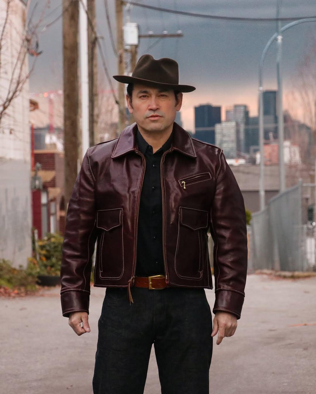 Men's Oxblood Brown Leather Bomber Jacket With Pockets