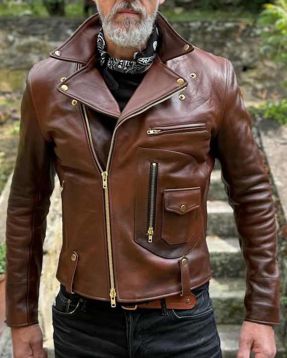 本革vintage brown leather jacket Vintage Brown Motorcycle Leather Jacket - Genuine