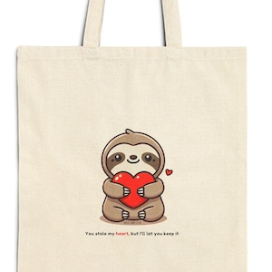 Sloth with Heart, Valentine&#39;s Tote Bag, Cute Gift, Cotton Canvas Bag, Funny Sloth Lover Gift, Eco-Friendly Reusable Bag