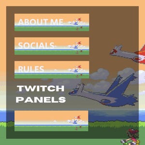 Może przedstawiać: Grafika cyfrowa dla paneli Twitch z tekstem "ABOUT ME", "SOCIALS", "RULES" i "TWITCH PANELS". Panele mają pikselowy krajobraz z samolotami i rowerzystami. Tło to pikselowe niebo i trawnik.