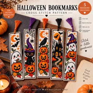 May include: Five rectangular cross stitch bookmarks featuring Halloween designs including ghosts, pumpkins, a black cat in a witch hat, a crow, and a haunted house. Each bookmark has a colored tassel and includes text like HALLOWEEN BOOKMARKS.