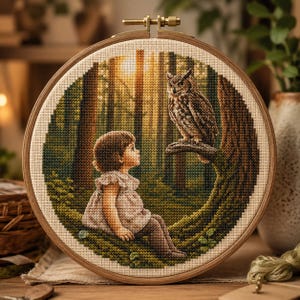 Può includere: Un telaio da ricamo circolare in legno contenente un disegno a punto croce di un bambino seduto su un tronco muschioso in una foresta, che guarda un gufo marrone appollaiato su un ramo. La scena presenta una calda luce solare tra gli alberi.