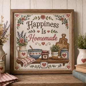 Può includere: Un ricamo a punto croce incorniciato con il testo "Happiness Is Homemade" in lettere marroni e rosse. Il disegno raffigura una brocca, una ciotola, un barattolo e un tagliere su una mensola, decorati con piccoli cuori rossi.