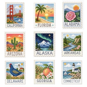 May include: A collection of nine rectangular cross-stitch patterns designed as postage stamps, each featuring a different U.S. state name and iconic landscape, including the Golden Gate Bridge for California, a palm tree for Florida, and a peach for Georgia.