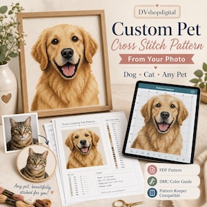 May include: A custom pet cross stitch pattern kit featuring a framed golden retriever portrait, a digital tablet displaying a grid pattern, a printed instruction sheet with DMC color codes, and two small photographs of a tabby cat.