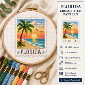 Peut inclure: Un modèle de point de croix Floride dans un tambour à broder en bois représentant un palmier sur une plage au coucher du soleil avec le texte FLORIDA. Inclut du fil à broder vert, bleu, jaune, orange et blanc, et des ciseaux en métal doré.
