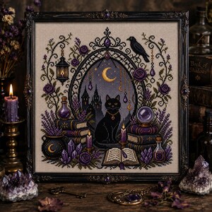 May include: A framed cross-stitch embroidery featuring a black cat sitting before a gothic archway with a crescent moon, surrounded by purple roses, books, a crystal ball, a cauldron, candles, and a raven, all rendered in a detailed needlework style.