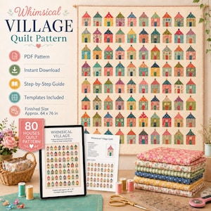 Può includere: Un modello di trapuntatura intitolato Whimsical Village con una griglia di 80 blocchi a forma di casa colorata su sfondo crema. Il set include un tablet digitale, istruzioni stampate, tessuti a motivi floreali e accessori per cucire.