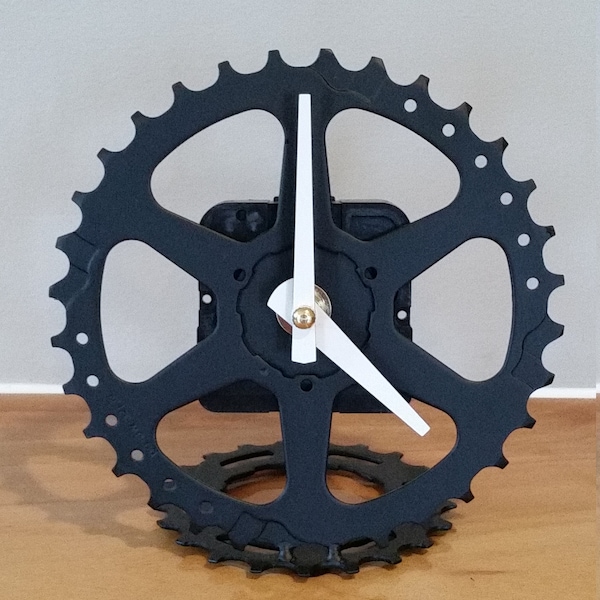 recycled bike gear desk clock, black and white